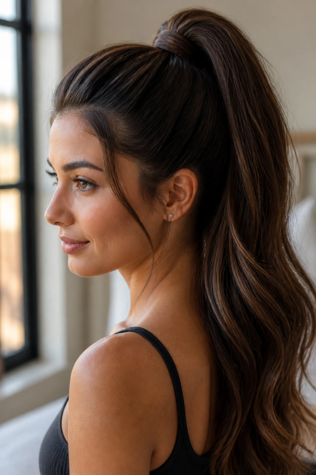 Close-up of a real woman with a hidden-extension high ponytail blending with natural hair