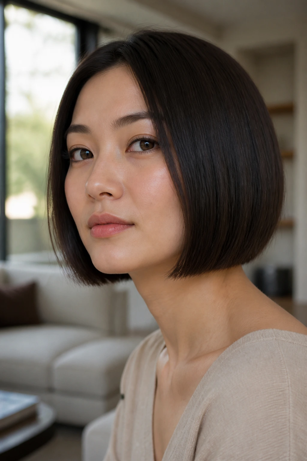 Close-up portrait of a real woman with a hidden-layer bob under warm window light