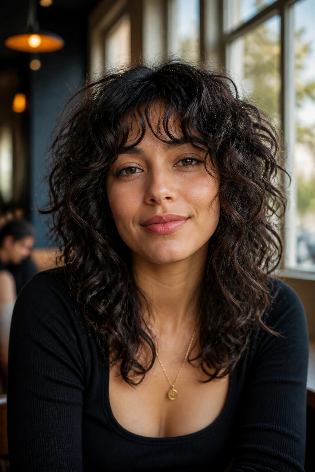 Close-up of a real person with a hidden-layer curly shag in a cafe setting