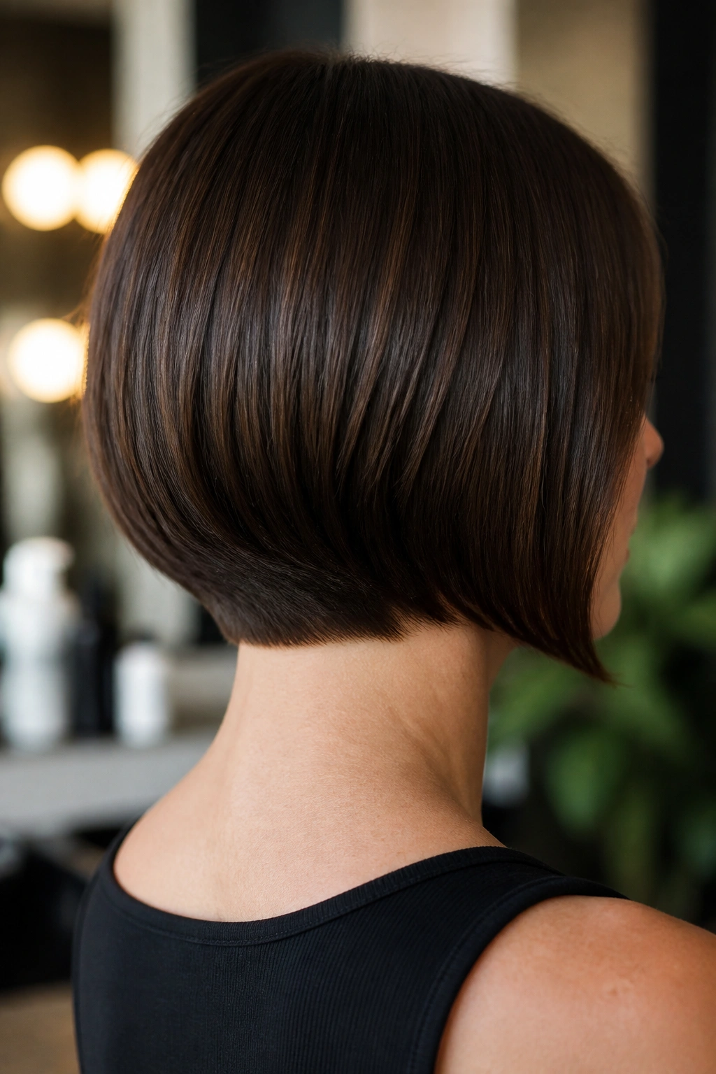 Back view of a real person showing hidden nape layers in a square bob