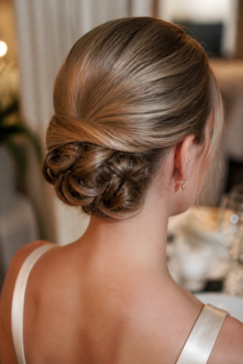 Rear three-quarter view of a real woman with hidden pin curls under a low chignon