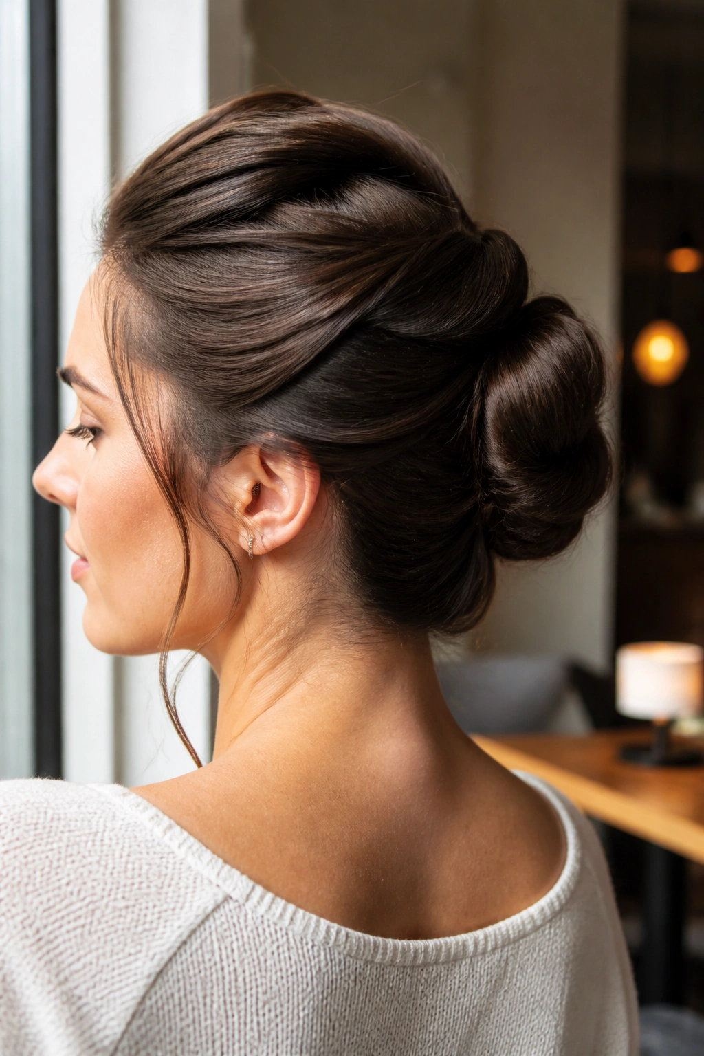Close-up of a real woman with a hidden-pin twist bun and invisible pins