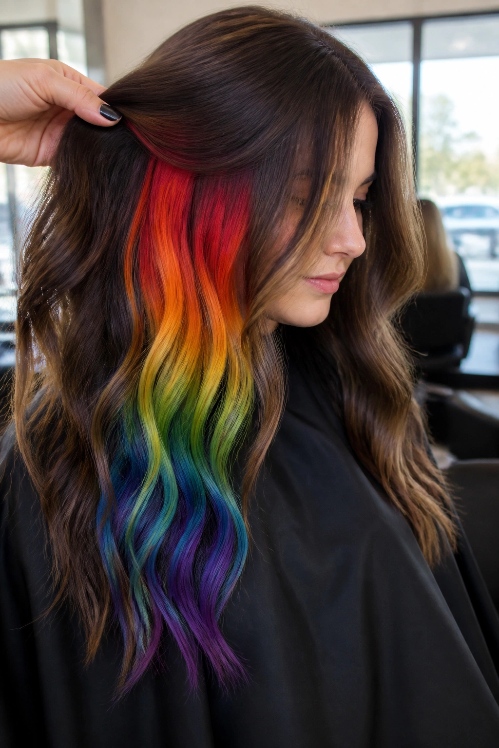 Close-up of long hair with hidden rainbow panels under a natural top layer