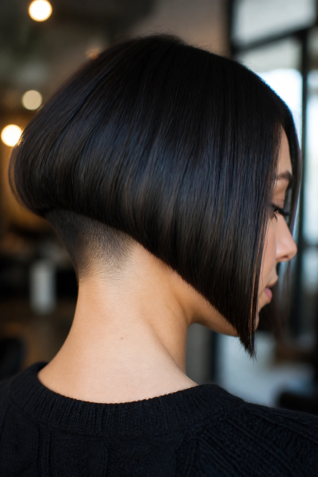 Portrait of real person with hidden undercut bob, back of head visible with subtle nape undercut