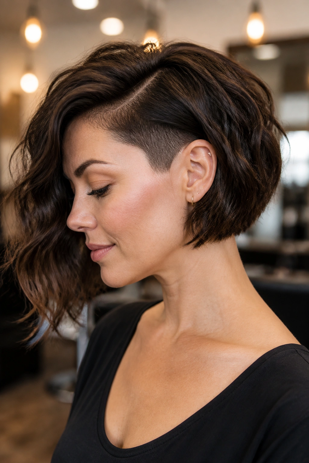 Portrait of a real woman with hidden undercut bob showing smooth outer silhouette