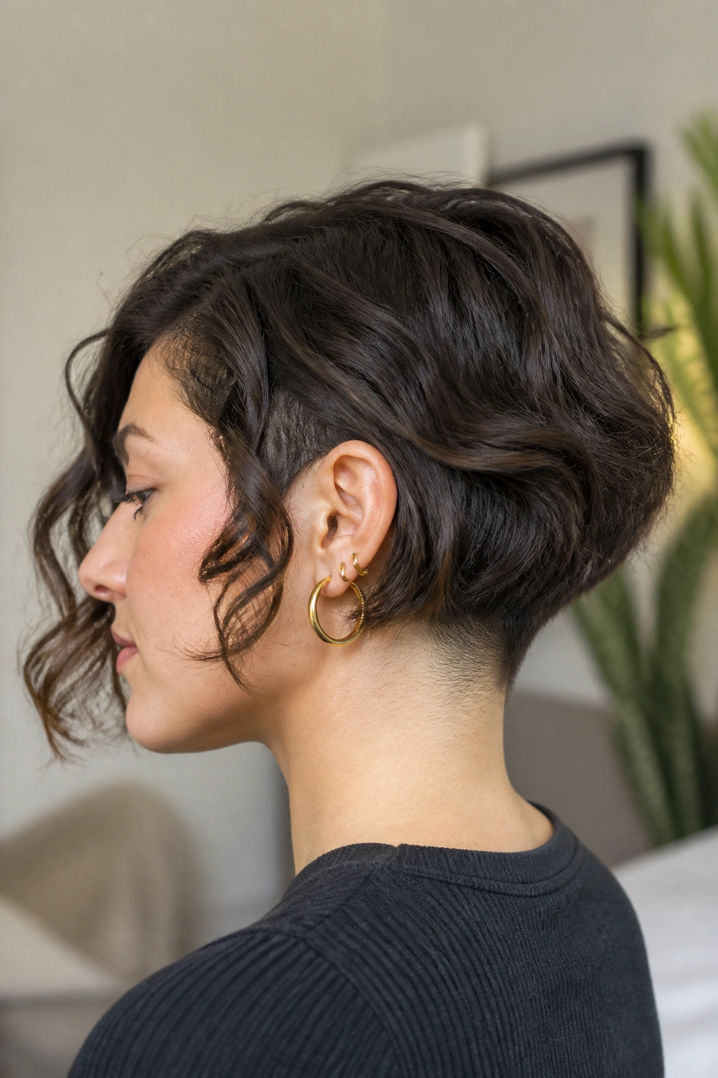 Real woman with Hidden Undercut Bob for Dense Hair showing subtle undercut