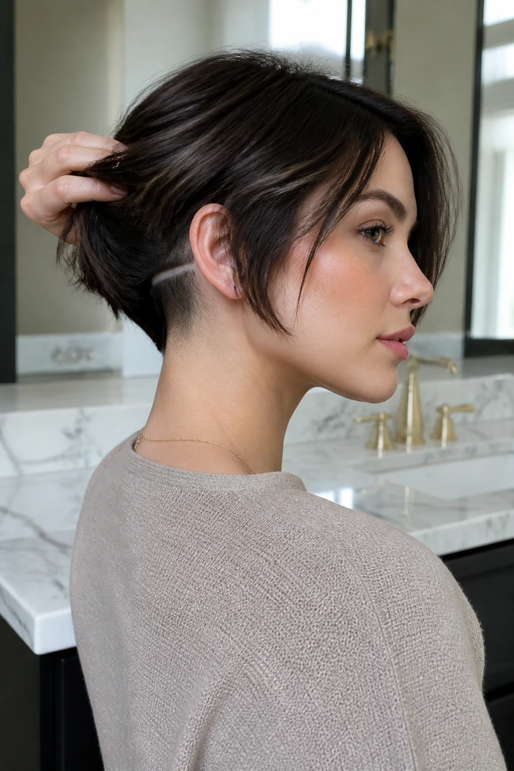 Real woman with hidden undercut in a short layered bob, subtly visible at the nape