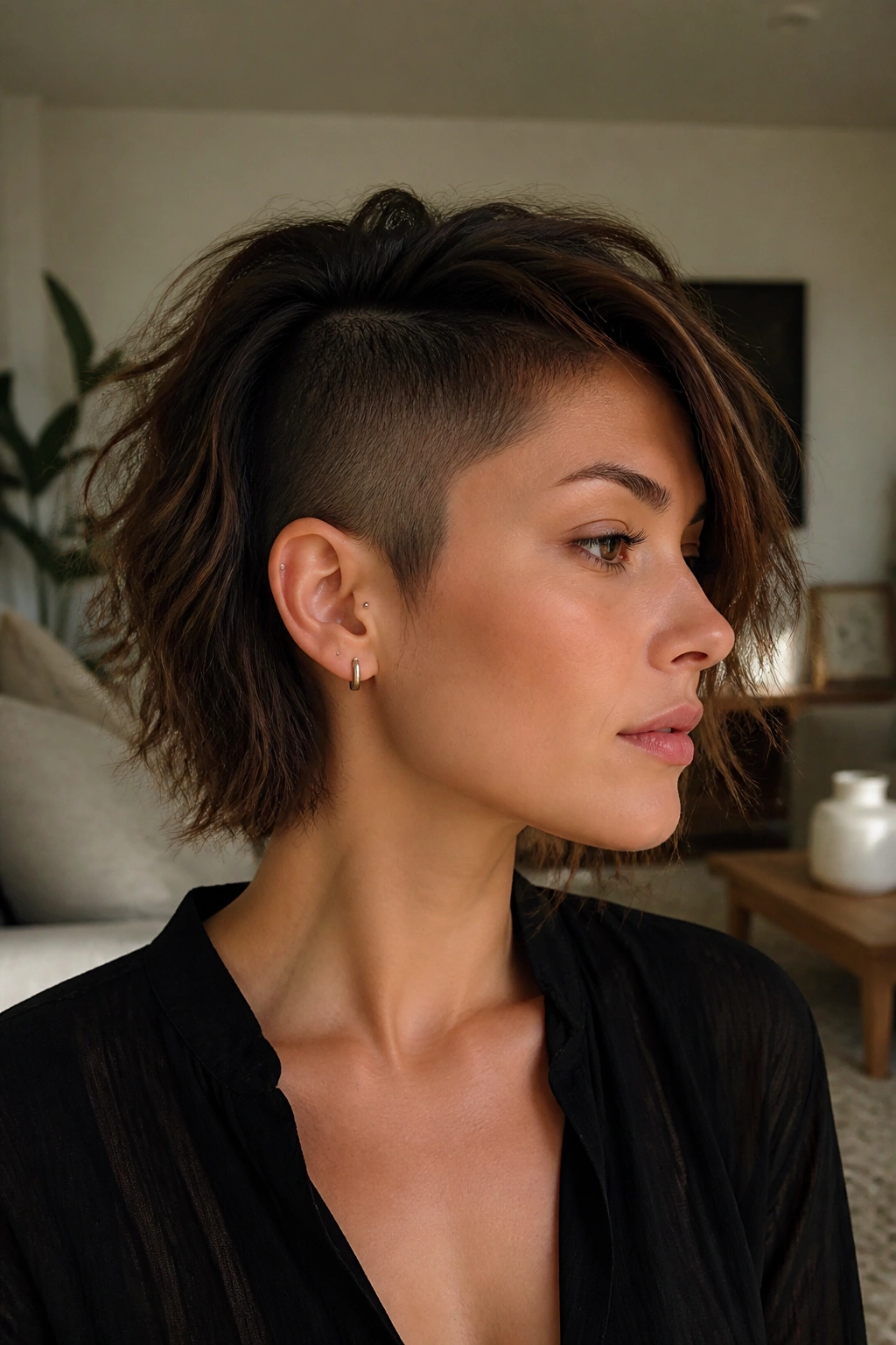 Close-up portrait of a real person with a hidden undercut and choppy layers on top