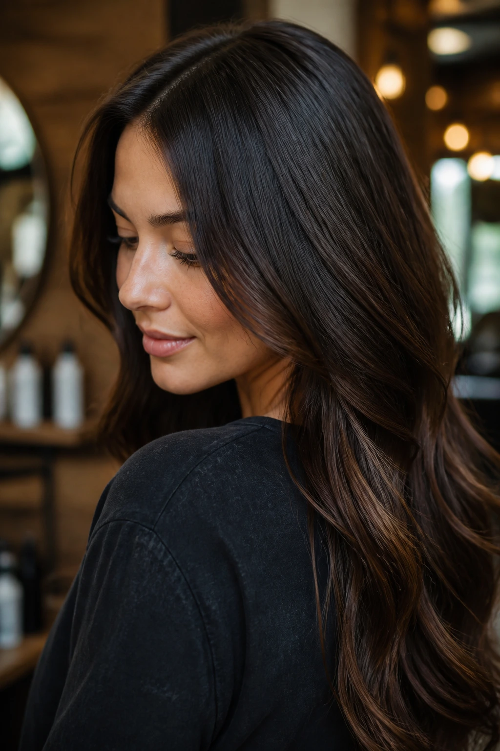 Close-up portrait of a real woman with long hair showing a hidden undercut at the nape.
