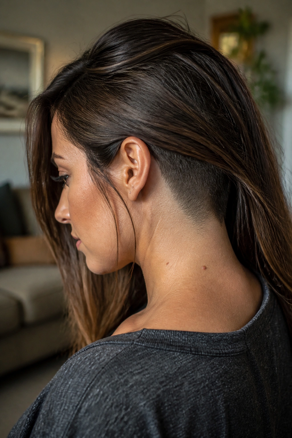 Portrait of a woman with long layers and a hidden nape undercut.