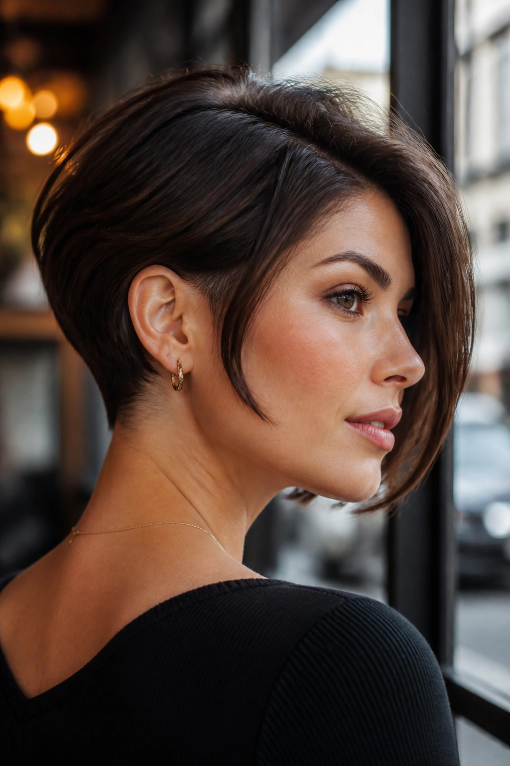 Portrait of a real woman with a discreet hidden-under cut pixie bob in a sunlit cafe