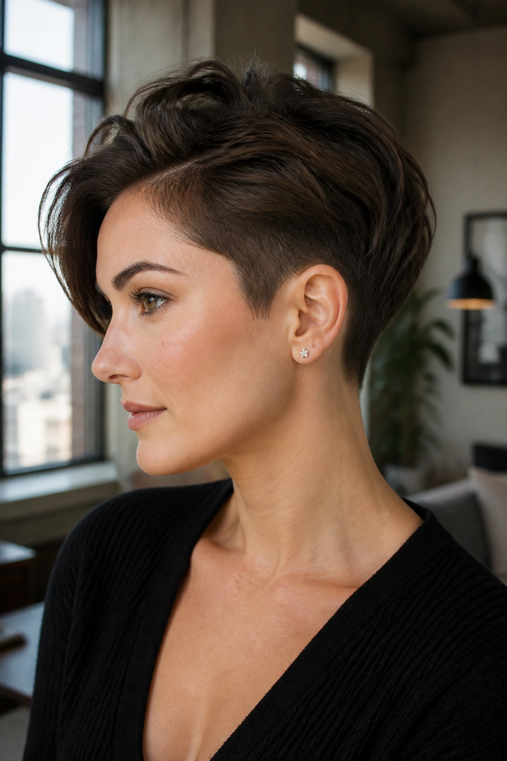 Hidden undercut pixie with soft top on a real woman