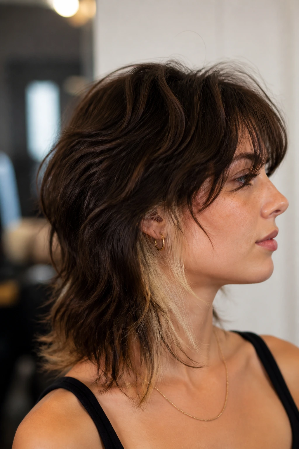 Real person with shag haircut featuring hidden underlayer removal, outer fullness visible