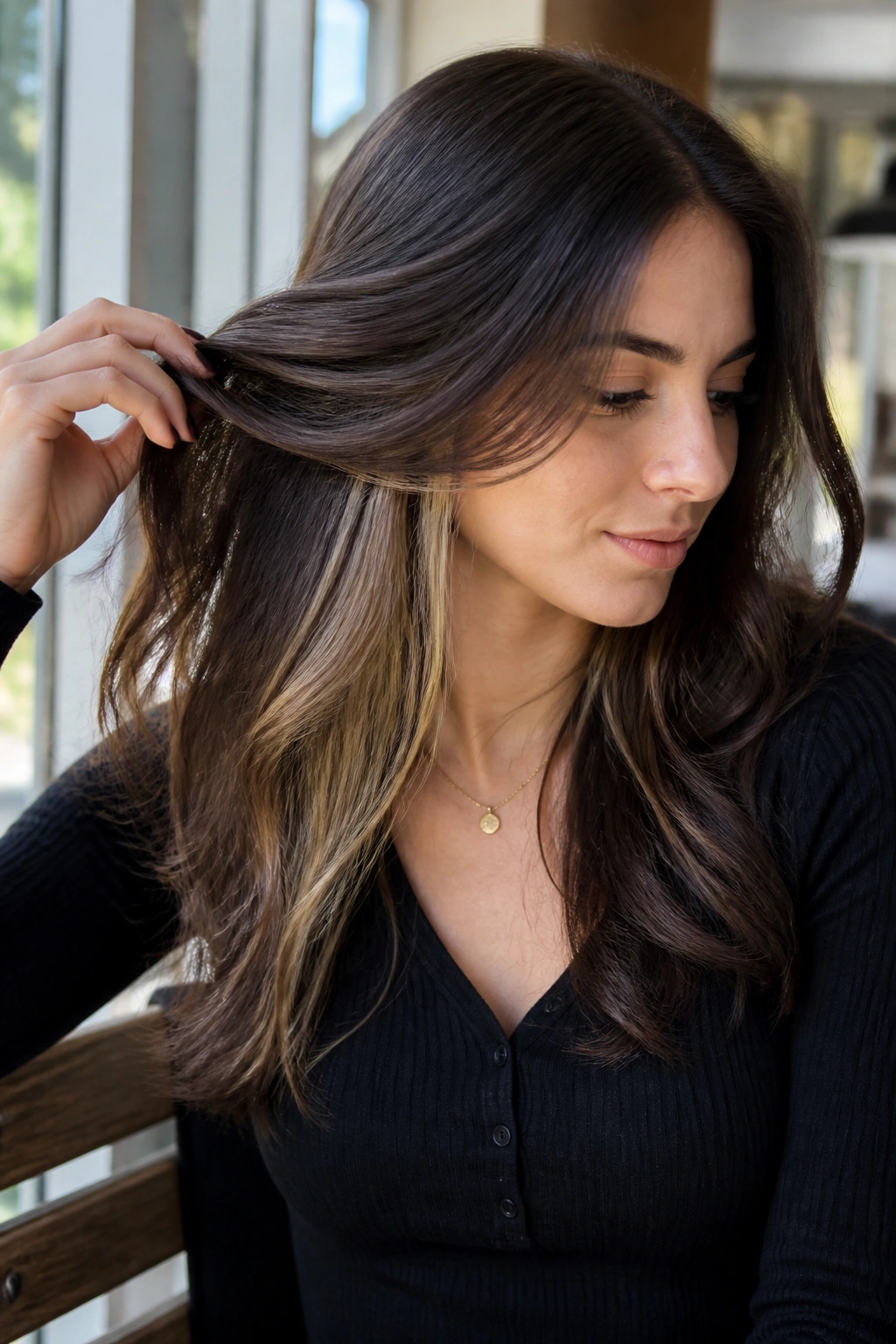 Close-up portrait of a real woman with hidden underlights showing under-layer color