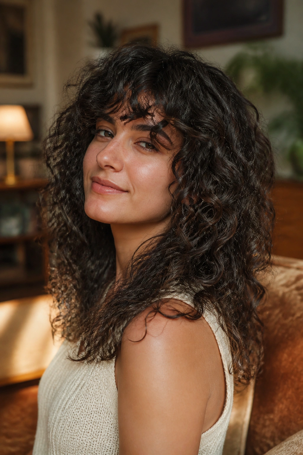 Portrait of real person with internal layering in thick curls showing weight removal.