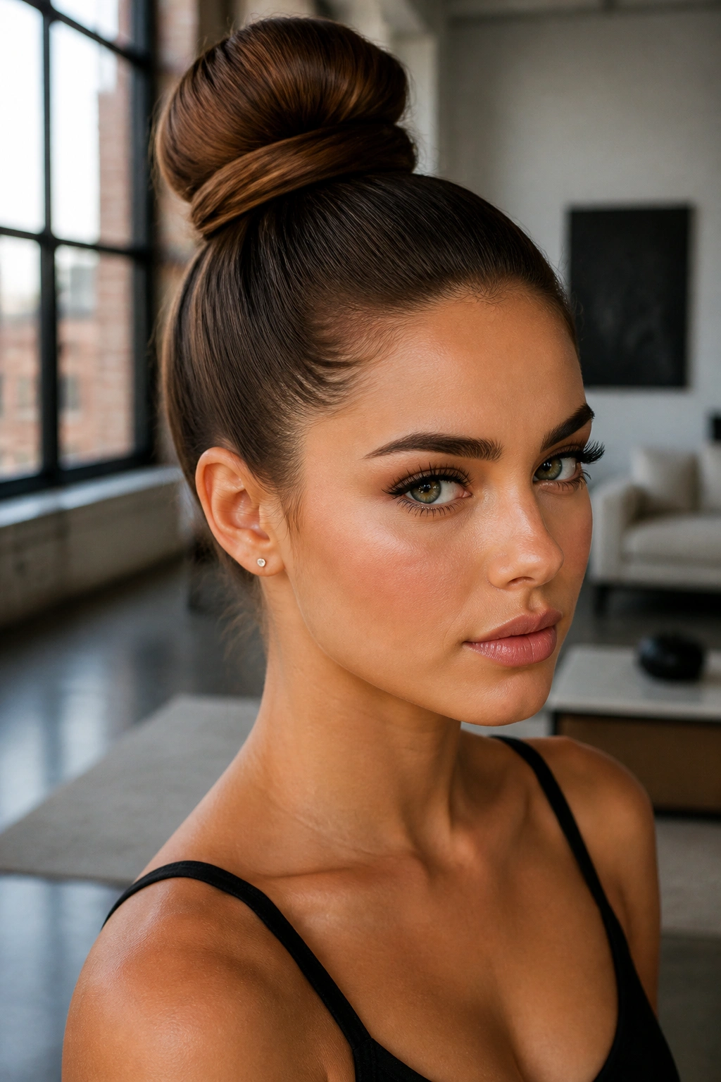 Portrait of a woman with a high ballet bun on the crown, clear jawline, soft window light.