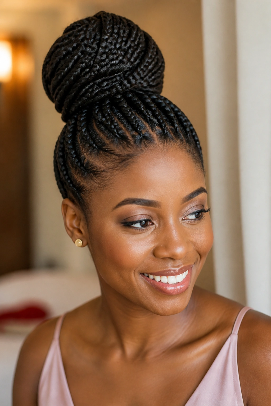 Portrait of a real woman with a high braided bun at the crown