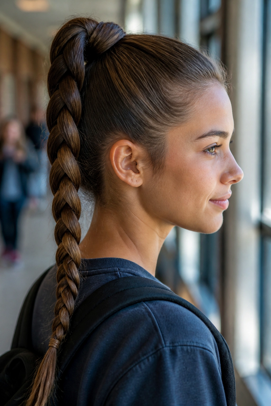 Close-up of a real person with a high braided ponytail in a school hallway