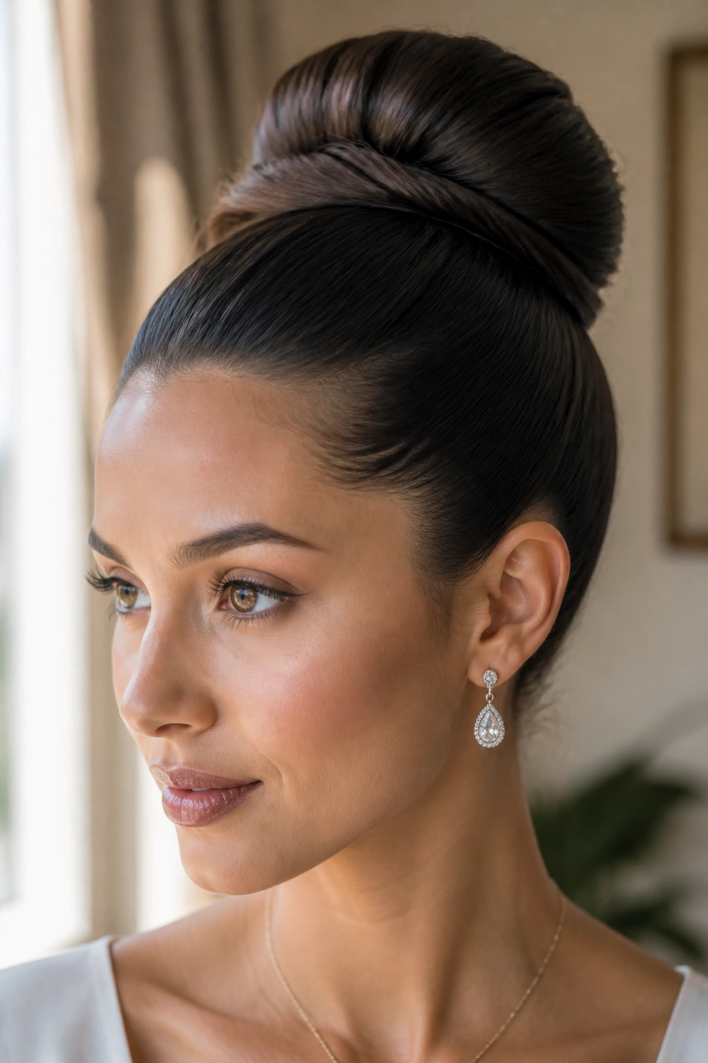 Close-up of a real woman with a polished high bun lifted at the crown