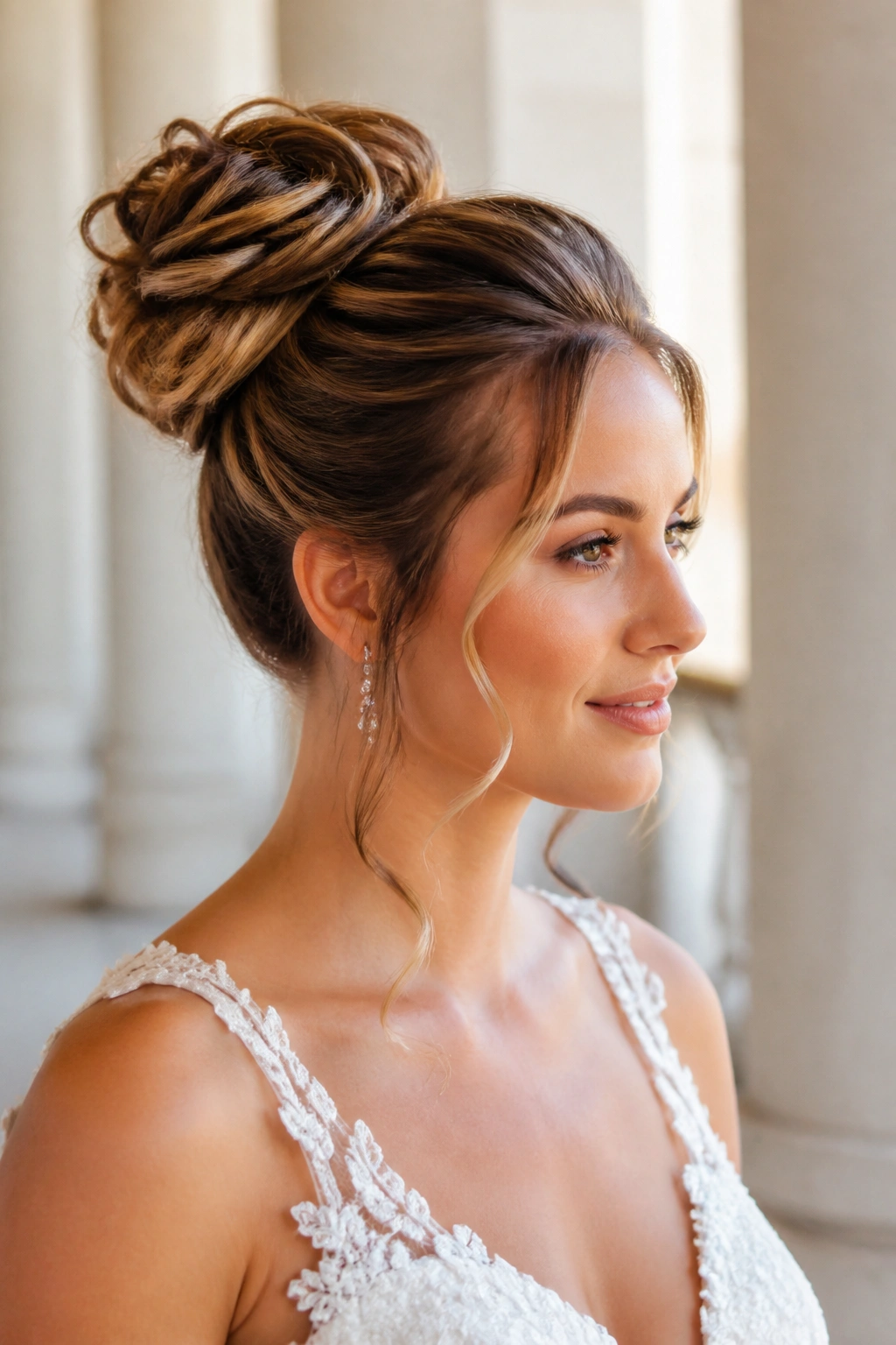 Bride with high soft bun and dropped curls