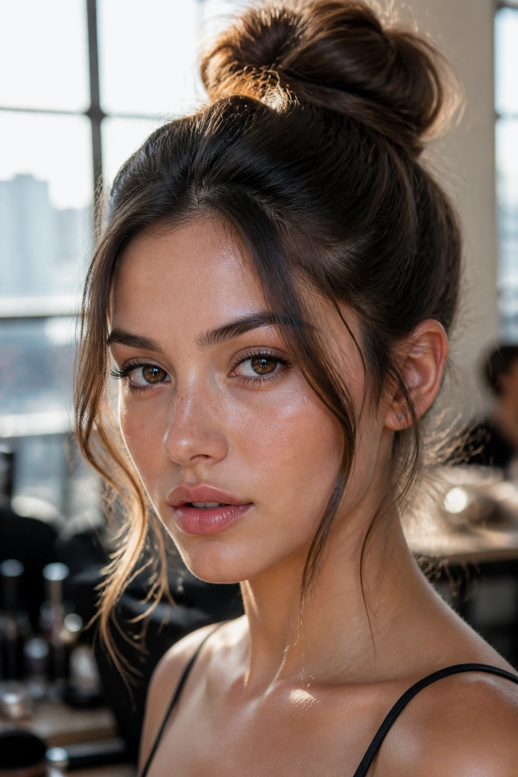 Close-up of a real woman with a high bun and face-framing pieces.