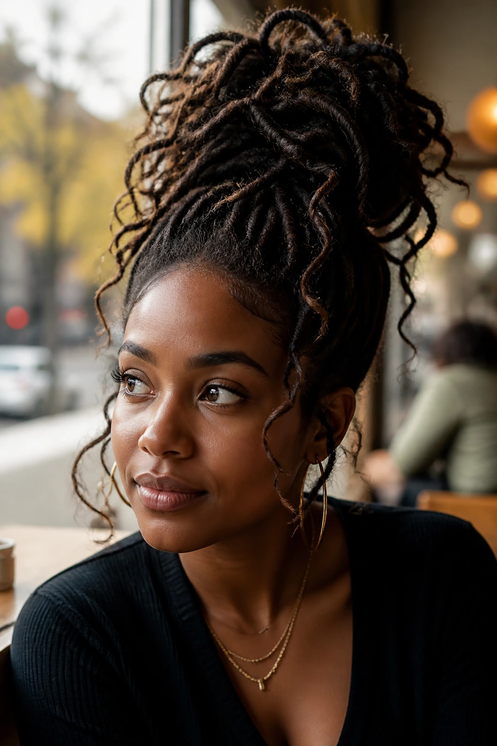 Close-up portrait of a woman wearing a high bun with loose ends