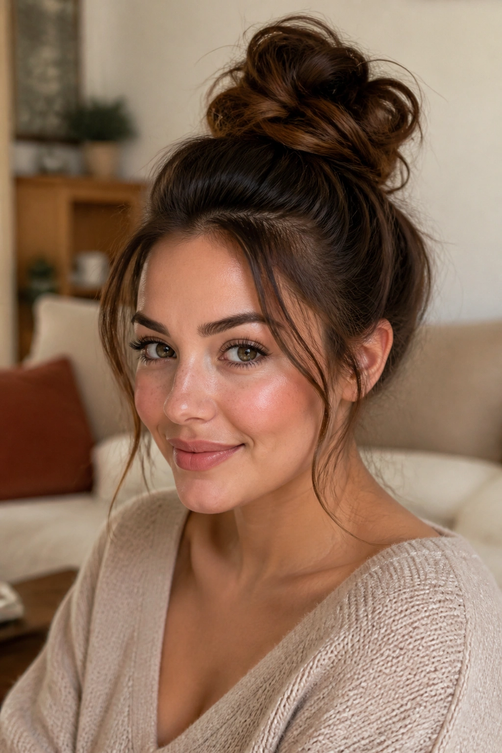 Woman with a high messy bun and loose tendrils around the face