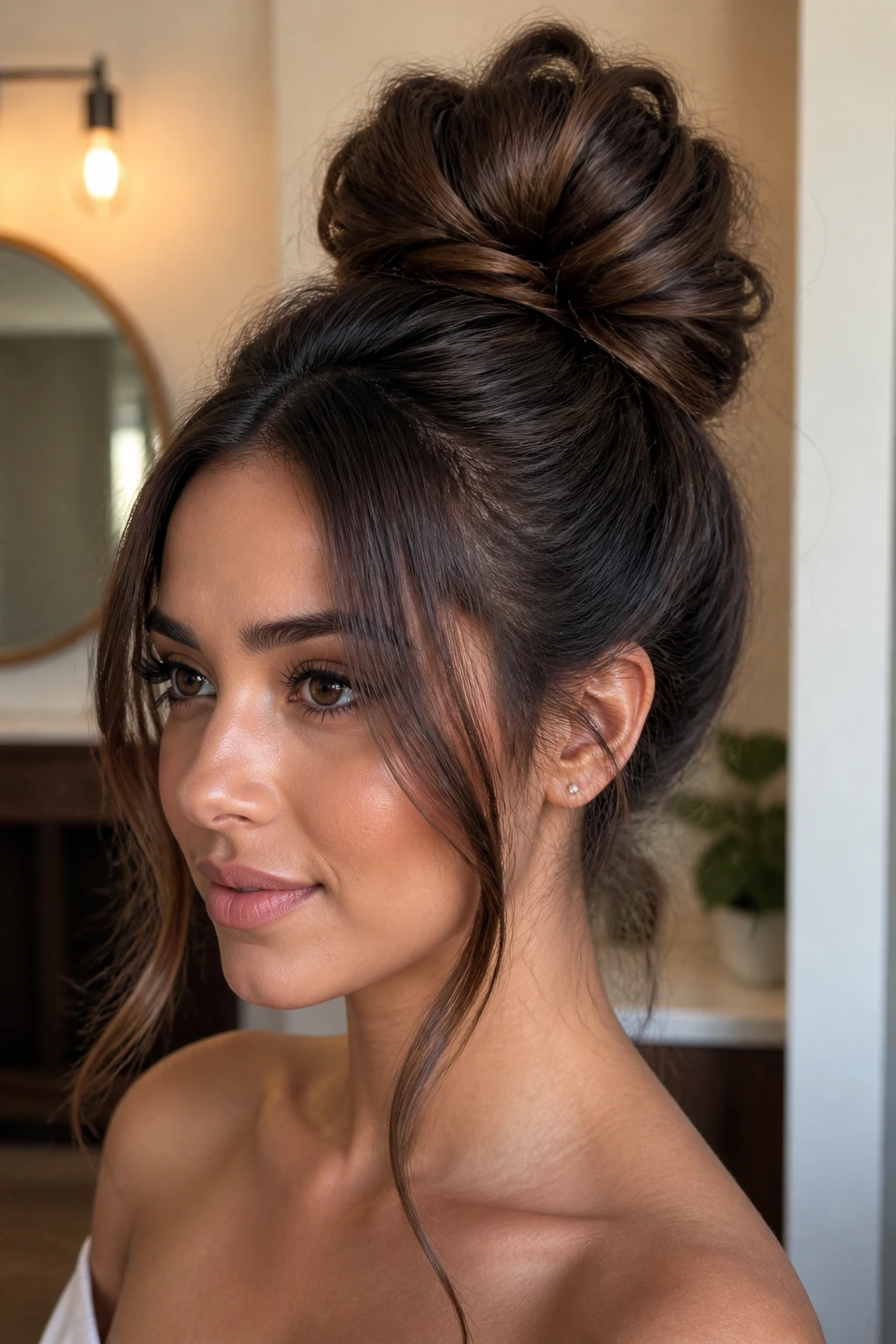 Close-up of real woman with a high bun and front tendrils