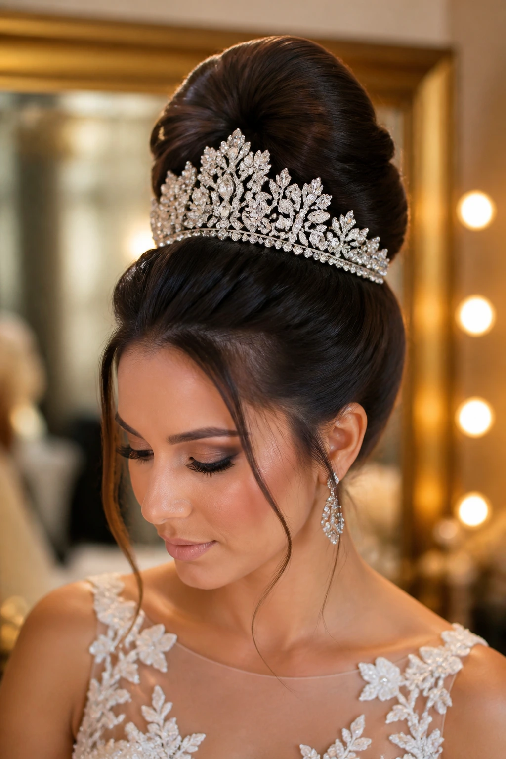 Close-up of a bride with a voluminous high bun and a statement tiara