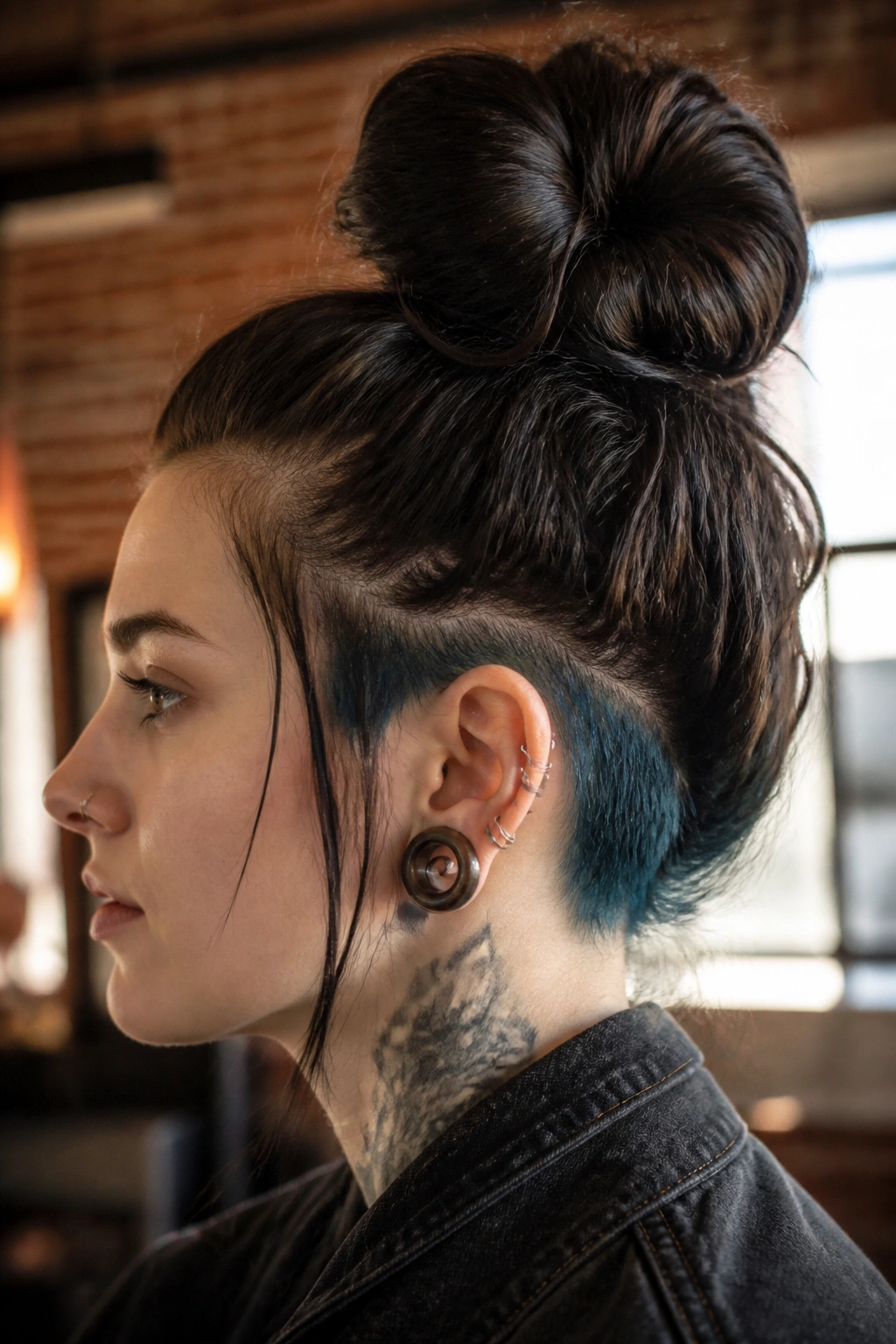 Close-up of a person with a high bun showing underlayers in warm loft light