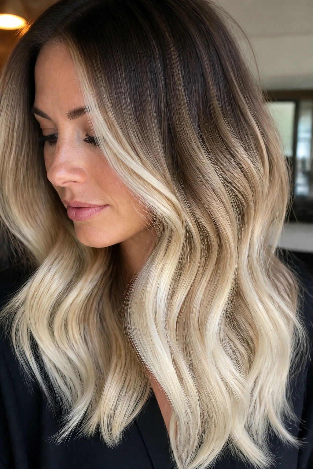 Portrait of a real woman with high-contrast blonde ends on wavy hair