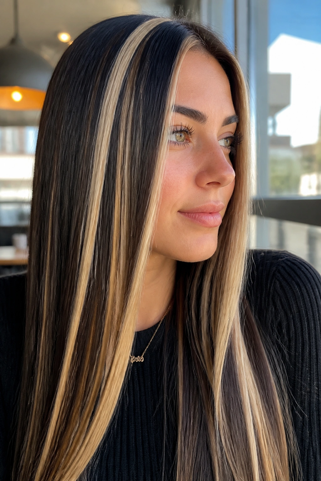 Portrait of straight dark hair with crisp blonde streaks