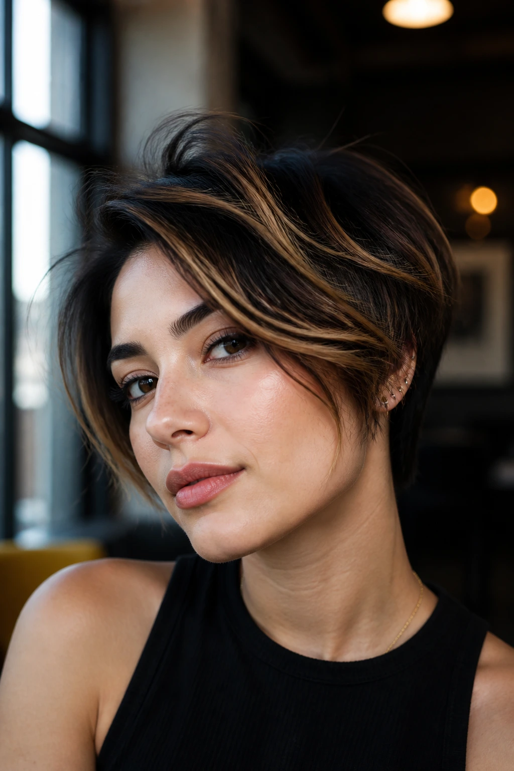Jet-black short hair with high-contrast caramel ribbons