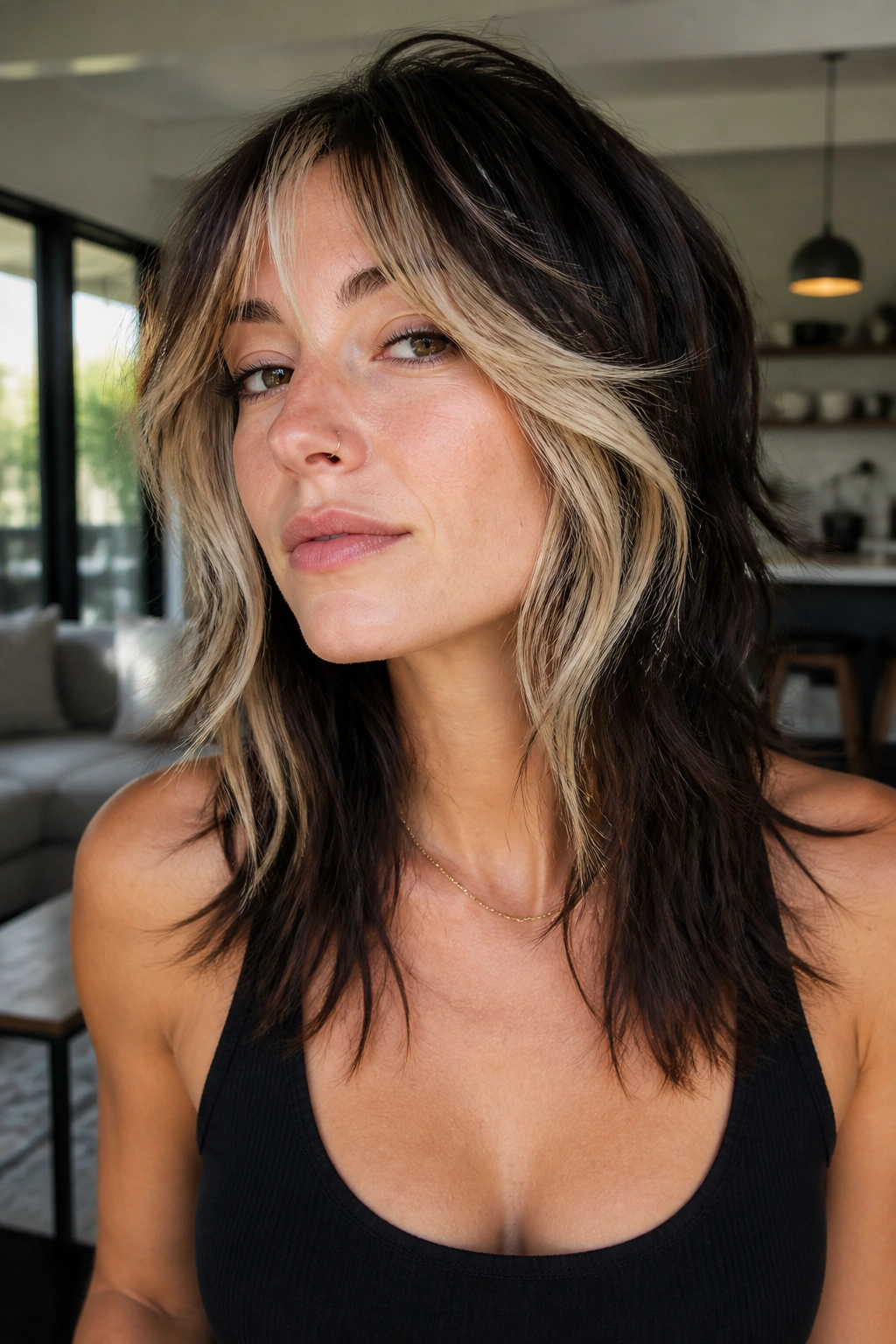 Portrait of a real woman with high-contrast face-framing wolf cut featuring bright front pieces