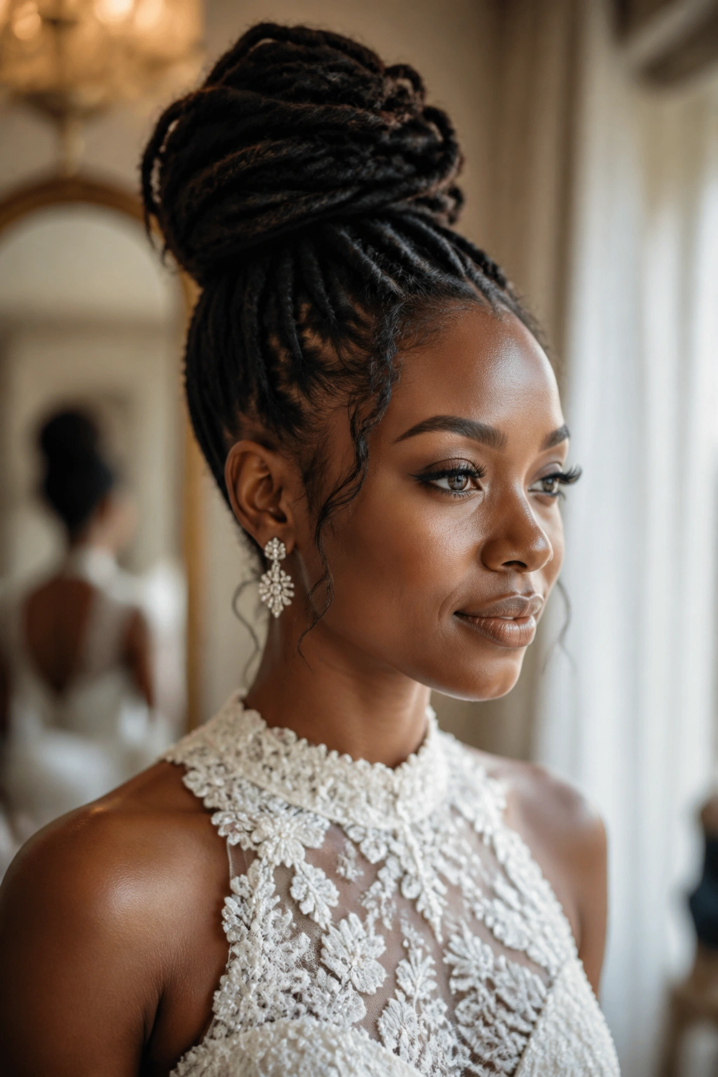 Close-up of a woman with a neck-clearing high crown bun