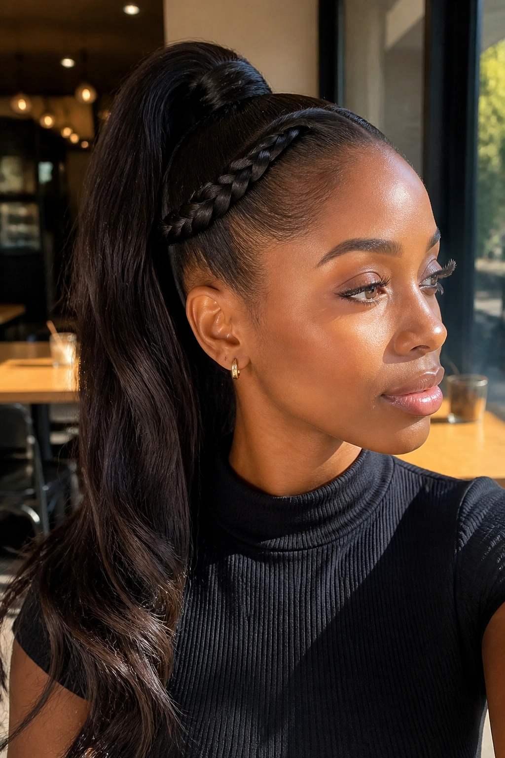 Close-up of a real woman with a high crown twist ponytail in a sunlit setting