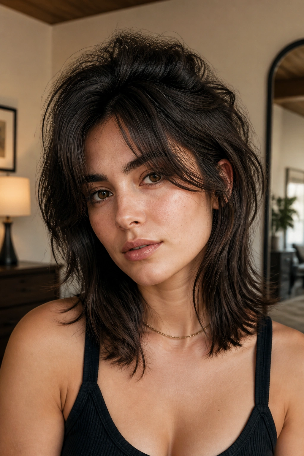Close-up portrait of a real person with high-crown volume wolf cut
