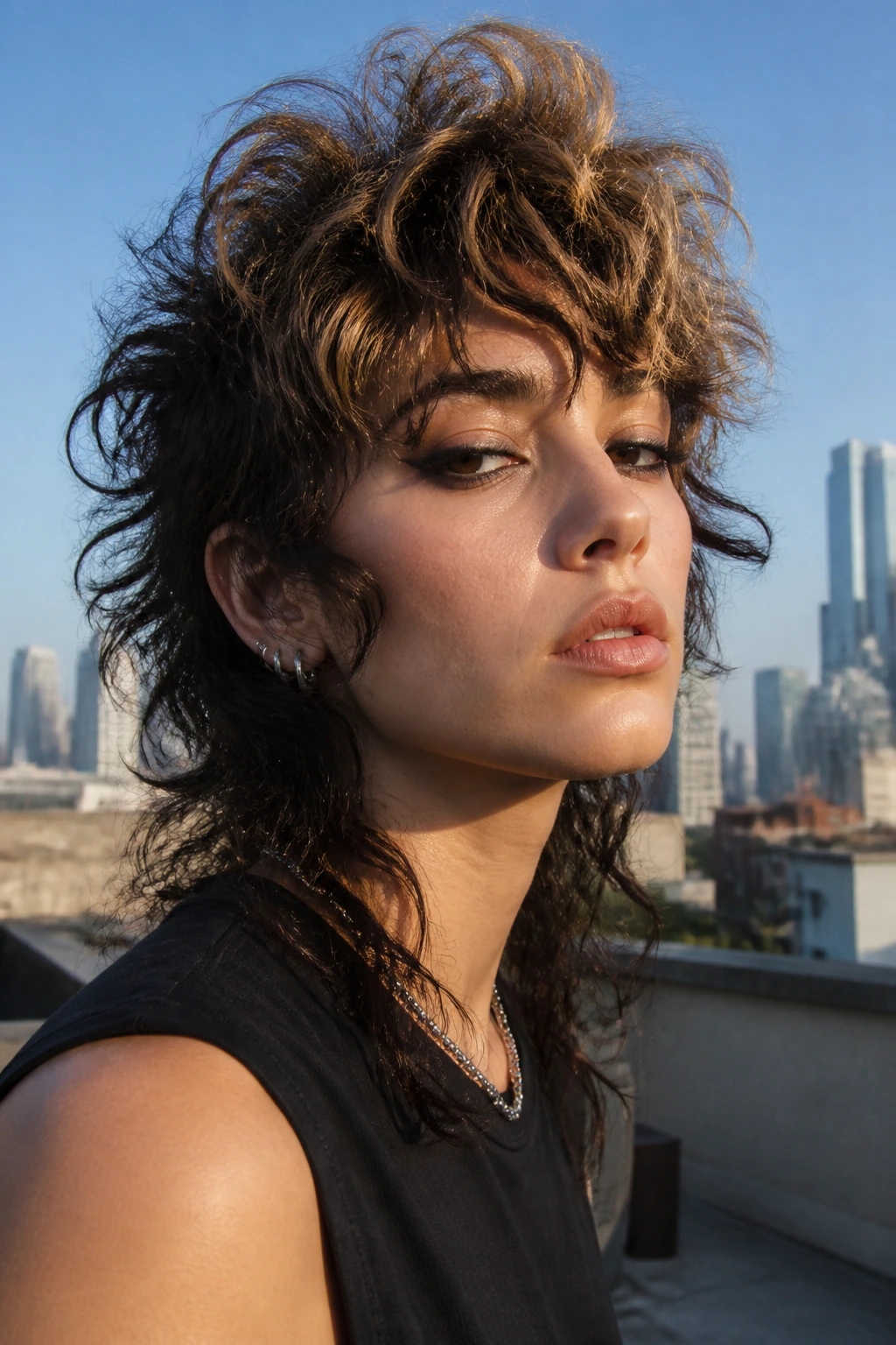 Close-up of a real person with high-crown volume emo wolf cut on curly hair