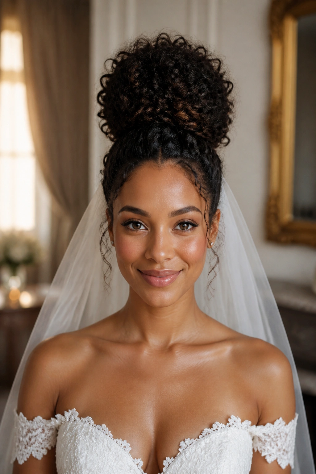 Front portrait of high curly bun with veil base on real bride