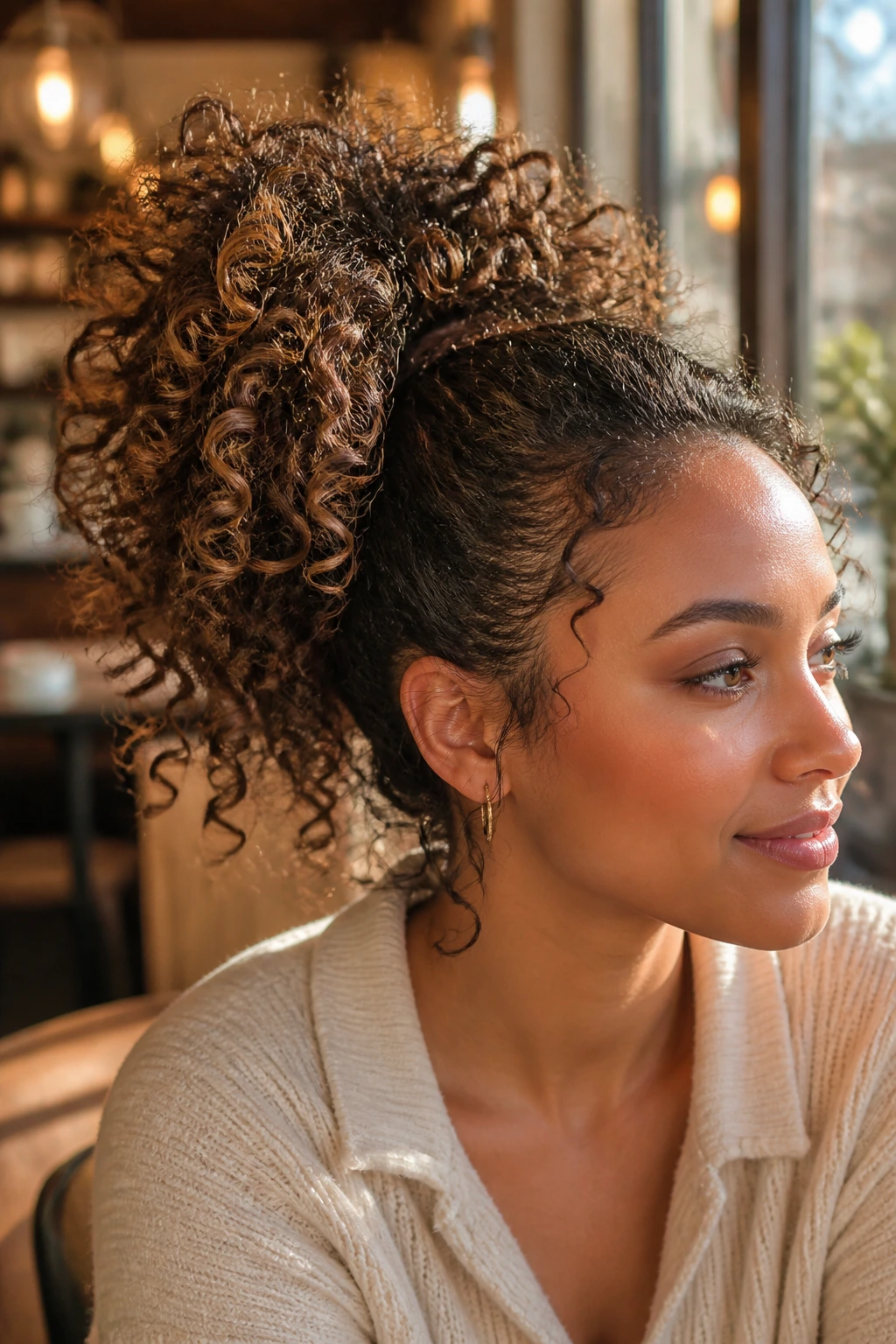 Close-up of a real person with a high curly ponytail and voluminous curls