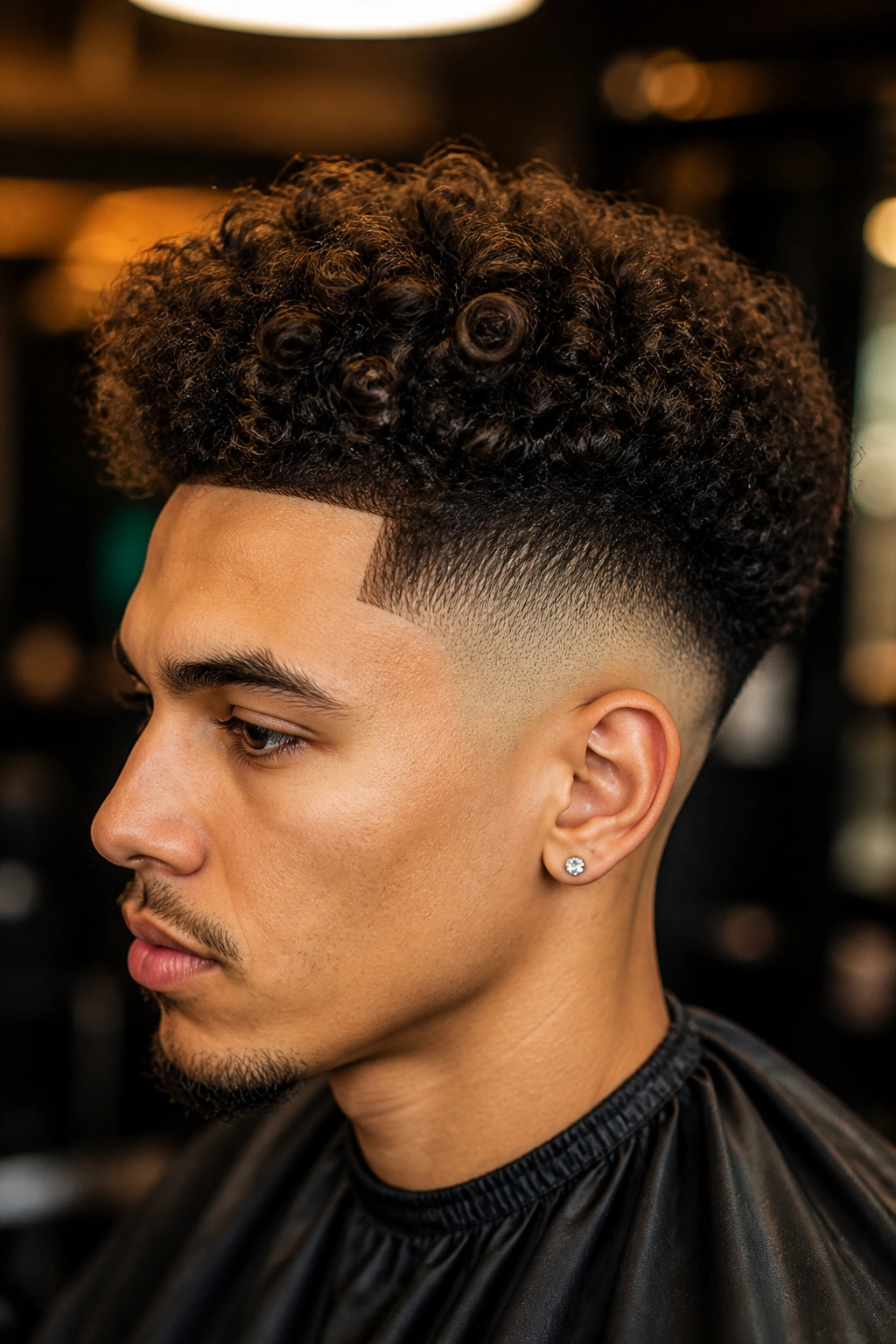 Close up of a man with a high curly taper fade in a salon