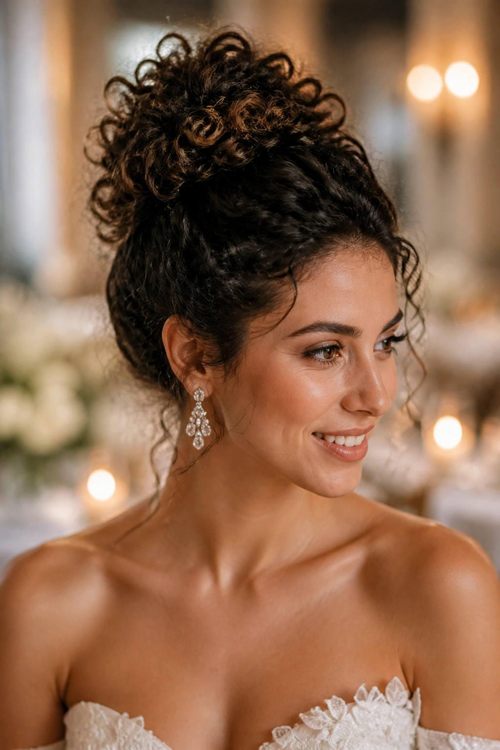 Close-up of a real bride with a high curly top knot in a warm wedding venue