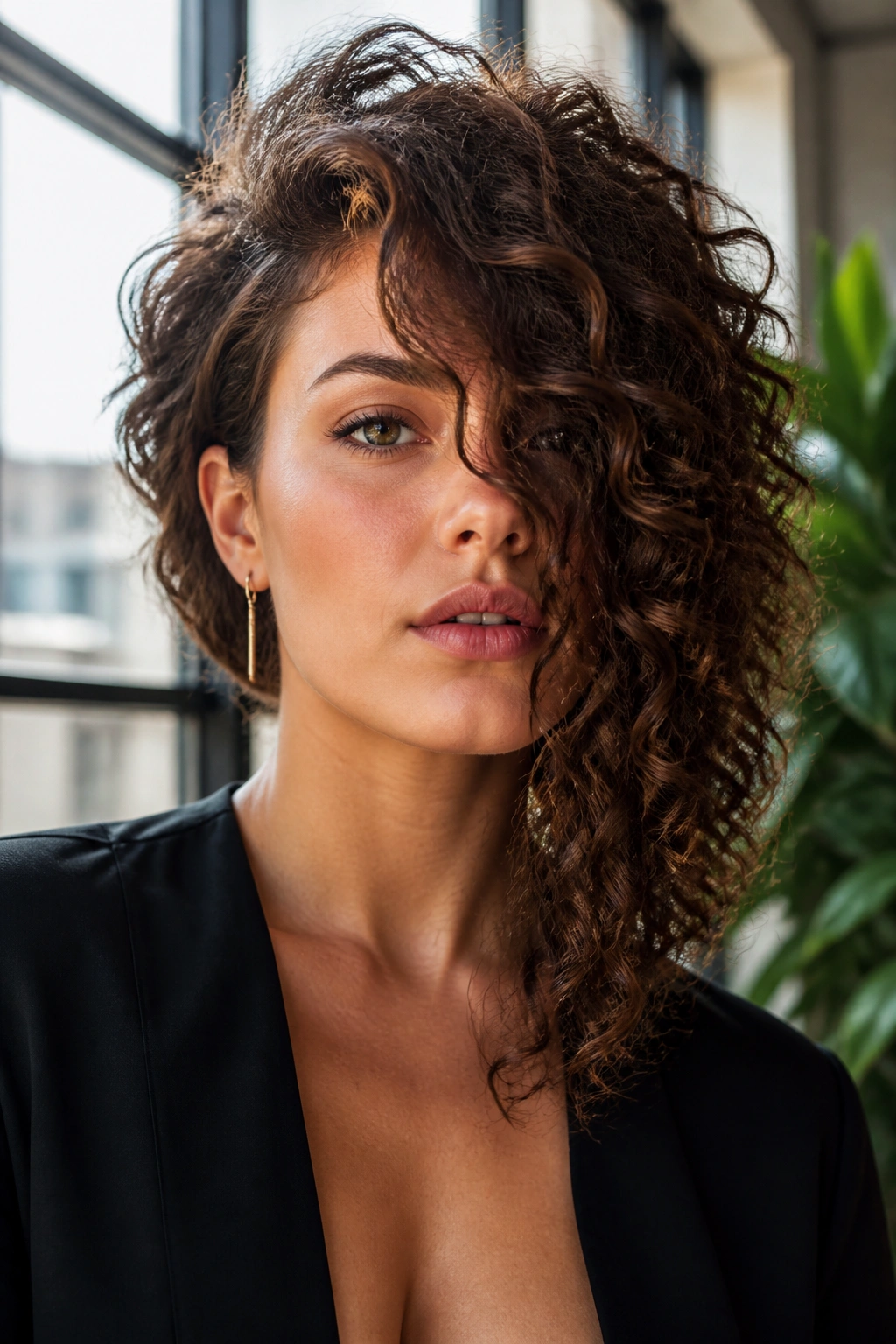 Close-up of a real person with a high-drama asymmetric bob
