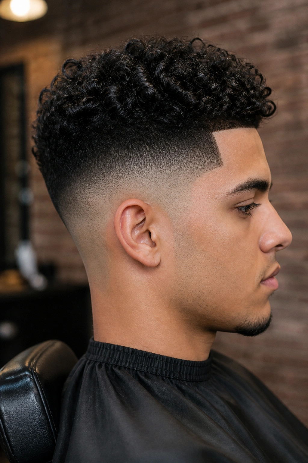 Close-up portrait of a real person with a high-fade curly cut in a barber shop setting