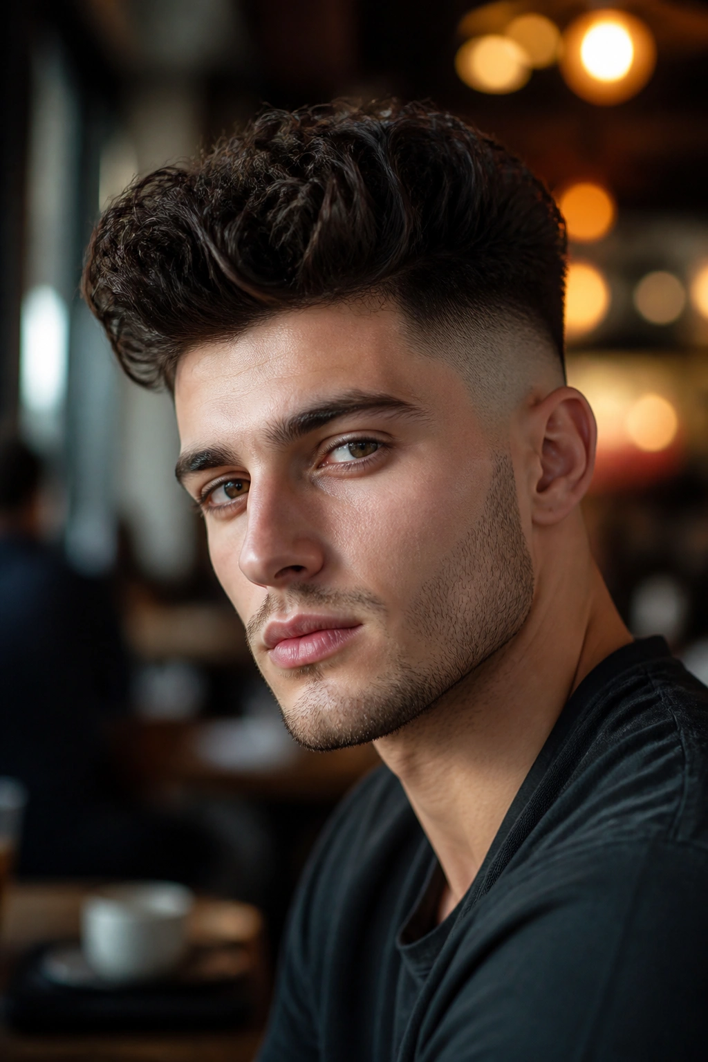 Head-and-shoulders portrait of a man with a high fade curly quiff in a city cafe.