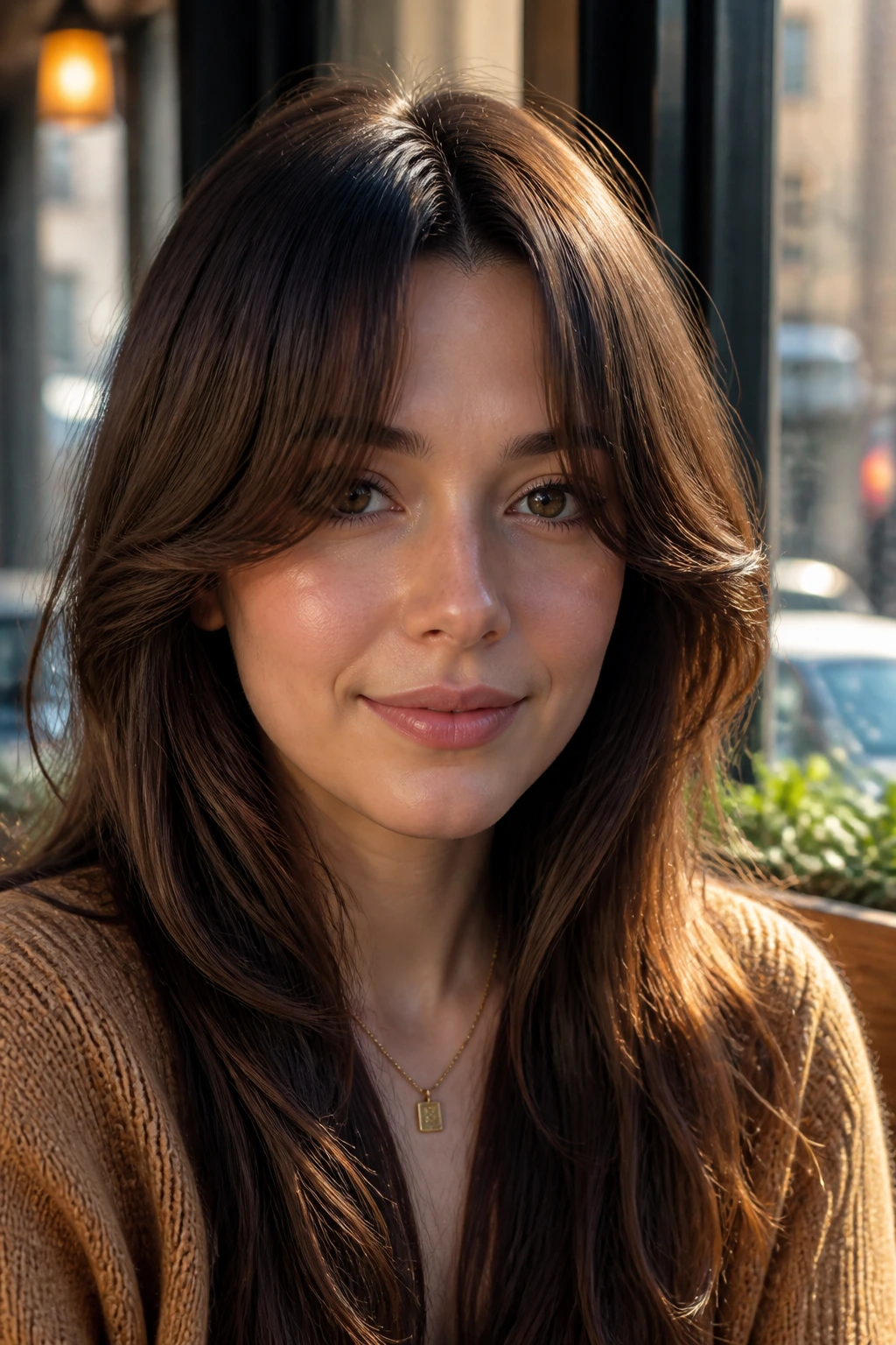 Close-up portrait of a woman with high-forehead curtain bangs in café window light