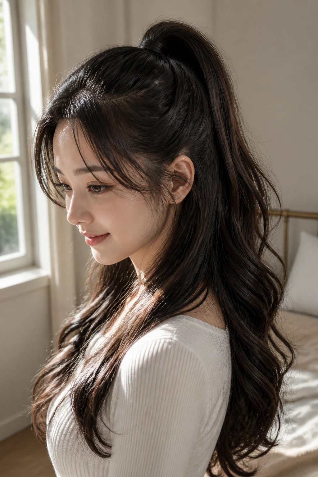 Close-up of a real woman with a high half ponytail and curled ends in warm window light