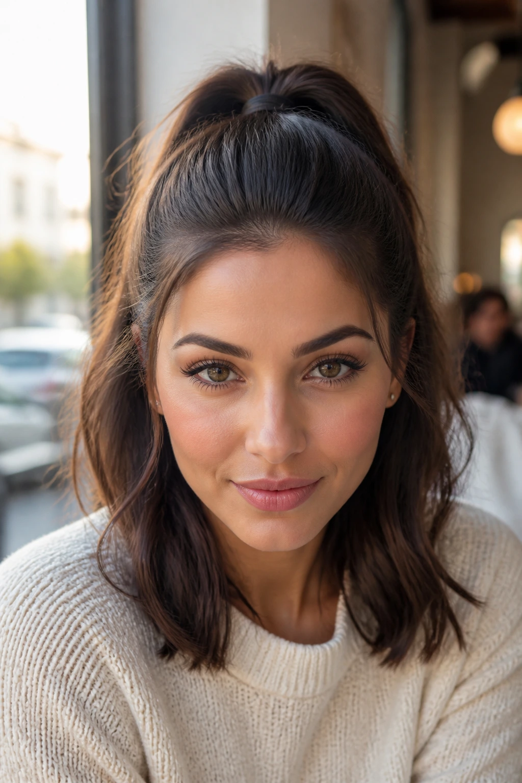 Close-up of high half ponytail on a real person