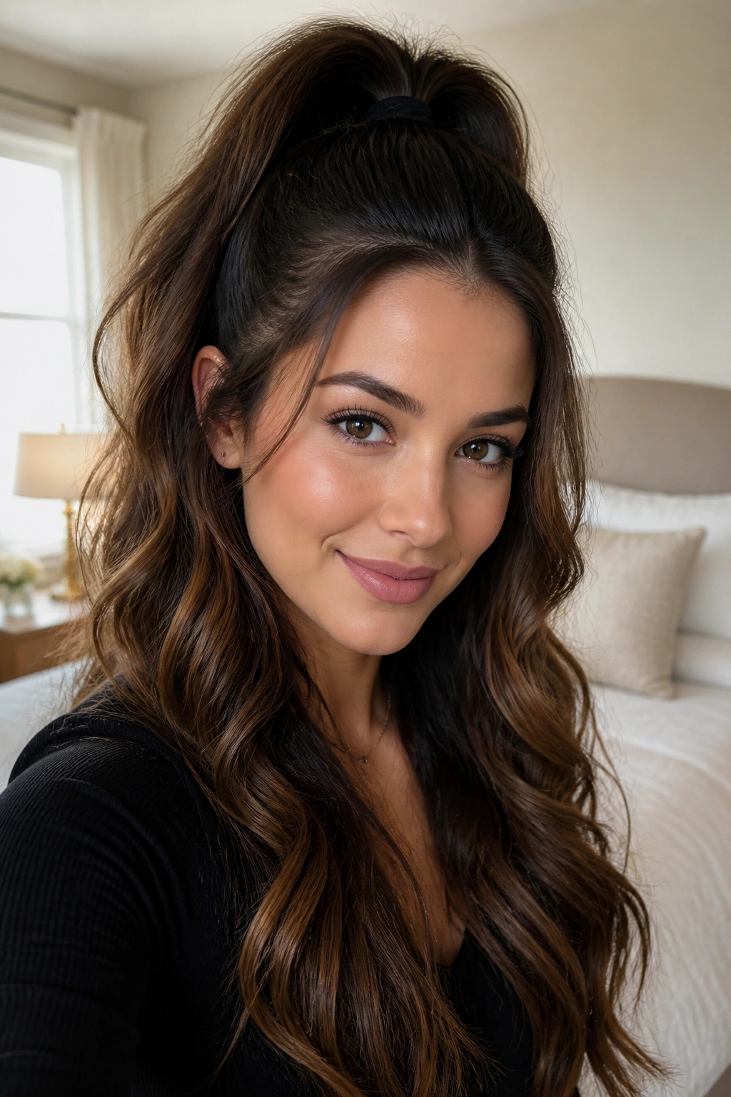 Close-up of a real woman with a high half-up ponytail and loose waves in a cozy bedroom