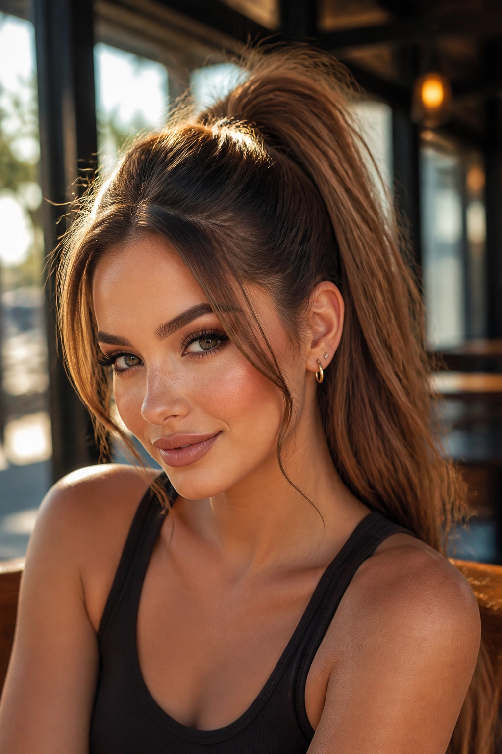 Close-up of a real woman with a high ponytail at the crown
